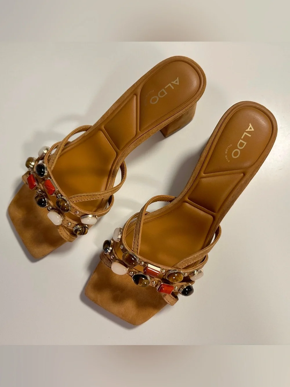 ALDO Tan Jeweled Block Heels